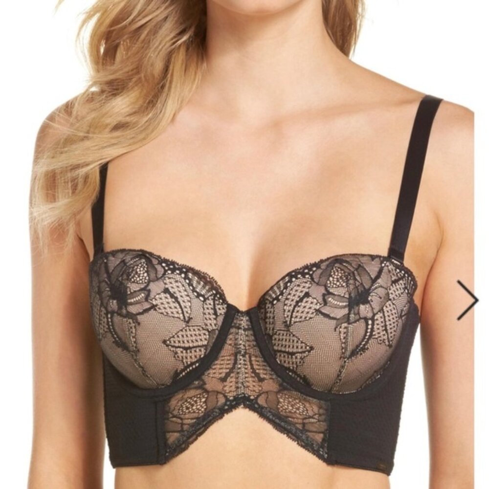 Calvin Klein Black Rose Lace Strapless Longline Bra QF4565, 34C NWT